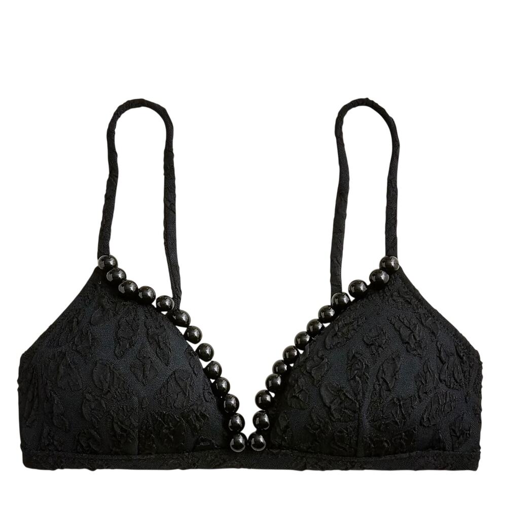 J.Crew New French Cloque Bikini Top Beaded Trim Black Small NWT